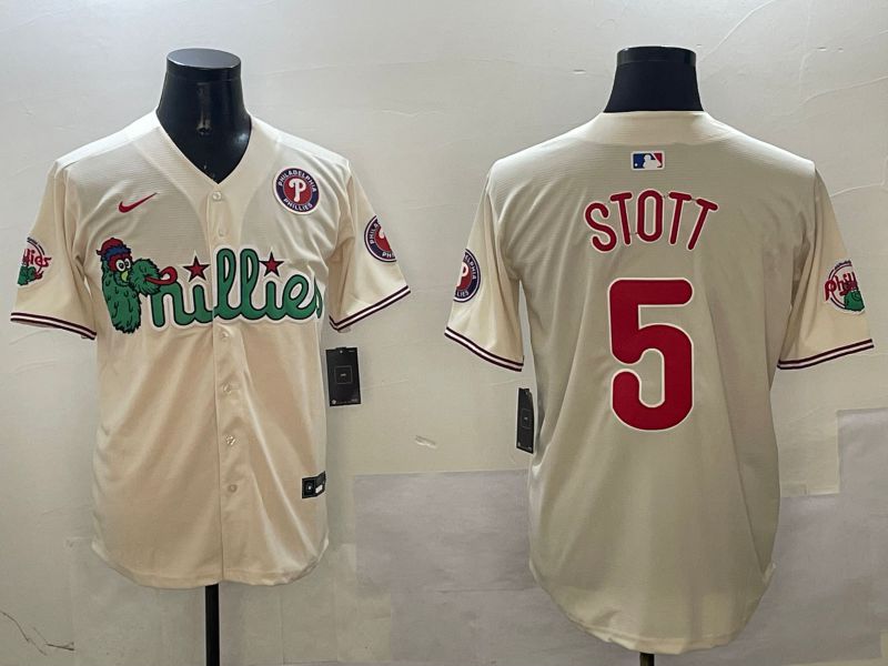 Men Philadelphia Phillies #5 Stott Cream Three generations Joint Name Game 2025 Nike MLB Jersey style 5->philadelphia phillies->MLB Jersey